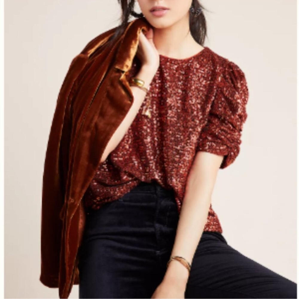 Anthropologie Rust Sequin Puff-Sleeve Blouse